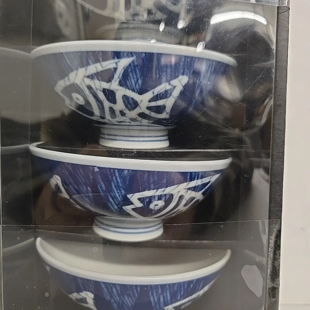 Japanese Rice‎ or Soup Bowl Set of 5 Porcelain Blue Dami Sakana Fish Pattern